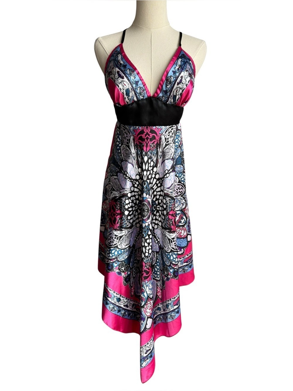 Y2K Handkerchief Hem Midi Dress Sz M Pink Black Floral Mandala Cocktail Party